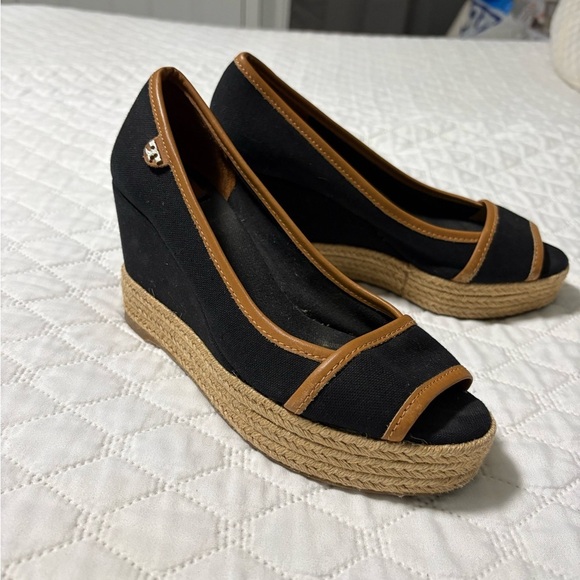 Tory Burch Shoes - Tory Burch Majorca Canvas Black and Tan Wedges